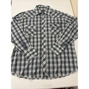 Vintage Wrangler Western Shirt Men XL Blue Green Plaid Pearl Snap Long Sleeve
